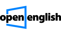 Logo Open English em azul e preto.