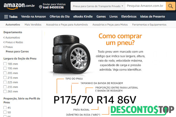 Captura de tela da seção de pneus no site Amazon