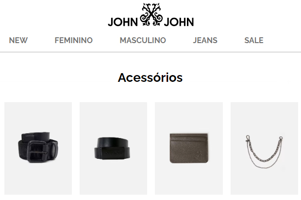 Captura de tela do site John John,  com ênfase em alguns acessórios