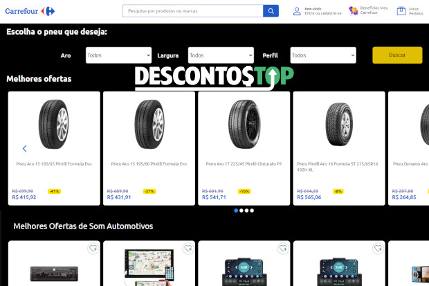 Captura de tela da seção de pneus no site Carrefour