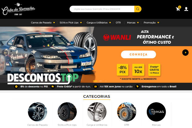 Captura de tela da página inicial do Clube da Borracha, destacando o banner e as categorias.