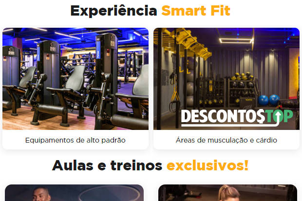 Captura de tela do site Smart Fit com alguns ajustes. A ideia é da montagem é mostrar alguns diferenciais da empresa