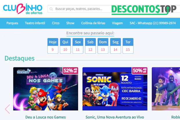 Captura de tela da página inicial do site Clubinho de Ofertas, com destaque para alguns banners de atrações.