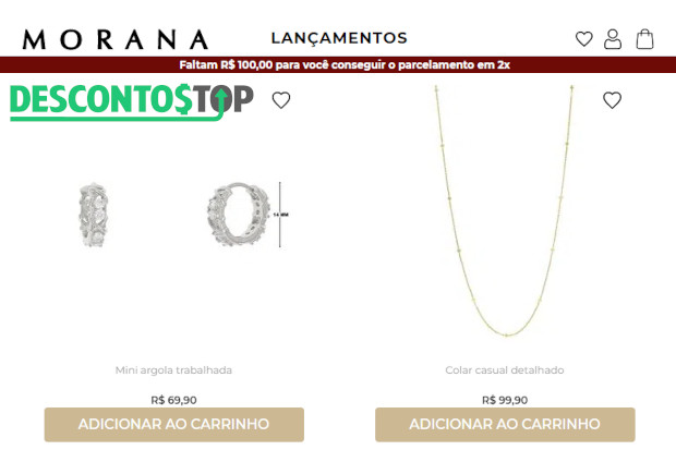 Captura de tela da página inicial do site Morana, com destaque para dois produtos da aba Lançamento. A imagem foi levemente alterada, apenas reposicionando logo, praço e nome de produtos seguem inalterados.