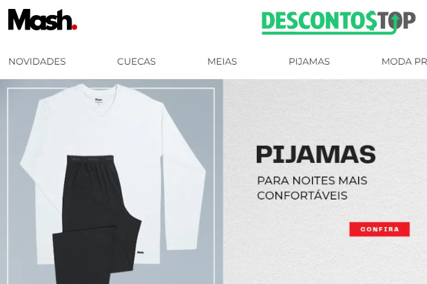 Captura de tela do site Mash, com destaque para a categoria de Pijamas