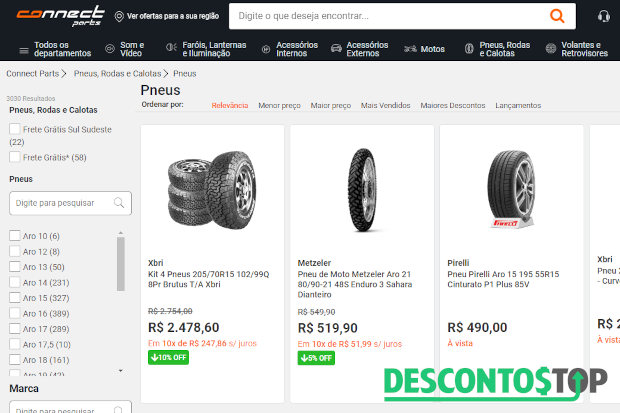 Captura de tela da seção de pneus no site Connect Parts