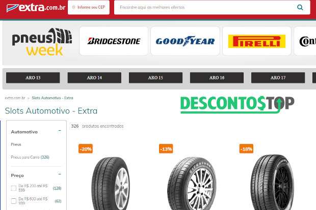 Captura de tela da seção de pneus no site Extra