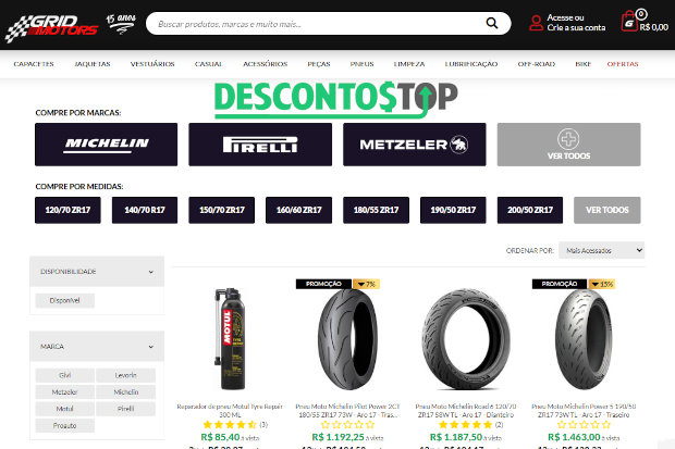 Captura de tela da seção de pneus no site Grid Motors