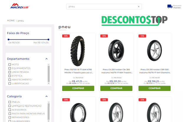 Captura de tela da seção de pneus no site MacroLub