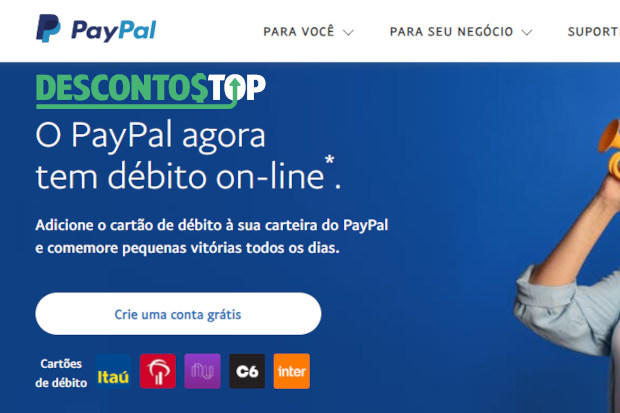Captura de tela da página inicial do site PayPal, com destaque para o banner principal dessa página.