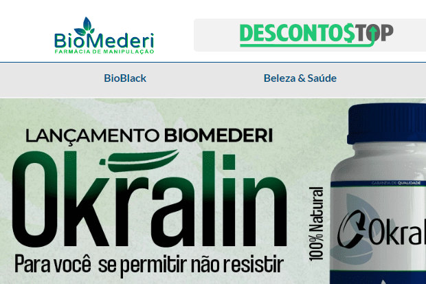 Captura de tela da página inicial do site BioMederi, com destaque para o banner inicial de lançamento de um produto