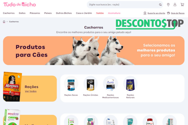Captura de tela do site Tudo de Bicho, dentro da categoria Cachorro. Na imagem dá pra ver alguns cachorrinhos e ainda está em destaque as categorias e a categoria ração.