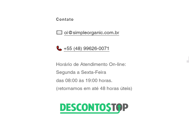 Captura de tela do site Simple Organic, a imagem mostra os contatos da loja