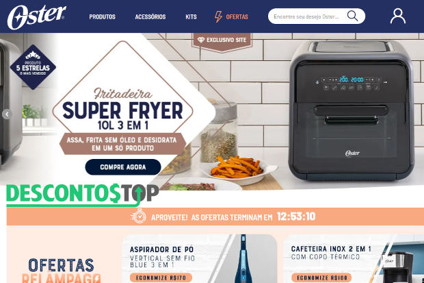 Captura de tela da página inicial do site da Oster, mostrando o banner inicial e alguns produtos mais a baixo da página