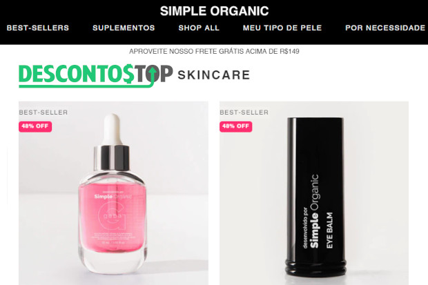 Captura de tela do site Simple Organic na aba de produtos Skincare