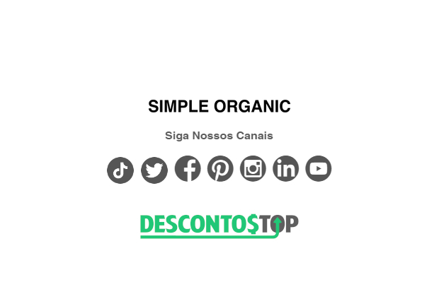 Captura de tela do rodapé do site Simple Organic, com os logos das redes sociais onde se encontram.
