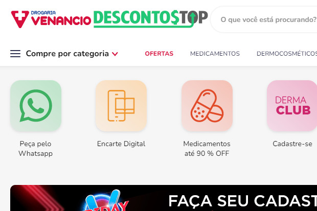 Captura de tela do site Drogaria Venancio, mostrando o cabeçalho e algumas categoerias de produtos
