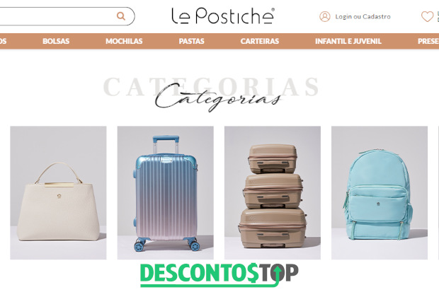 Captura de tela do site Le Postiche , mostrando algumas categorias de malas q você pode encontrar no site.