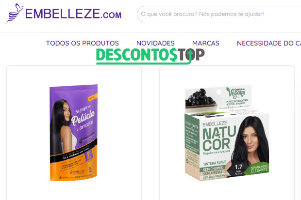 Captura de tela do site da Embelleze, com destaque para o logo e dois produtos dos 