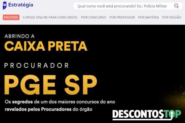 Captura de tela da página inicial do Estratégia Concursos, mostrando o banner inicial, relacionado ao concurso da PGE SP