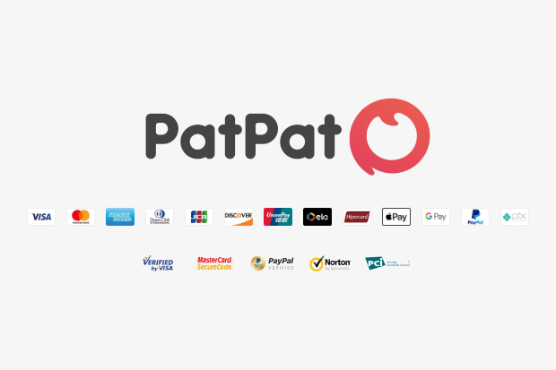 Imagem com a logo da empresa Patpat e com as formas de pagamento destacadas no site. Além disso, também vemos uma lista de certificados de segurança da empresa.