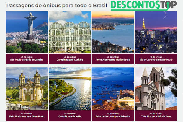 Captura de tela do site DeÔnibus com destaque para alguns destinos oferecidos no site.
