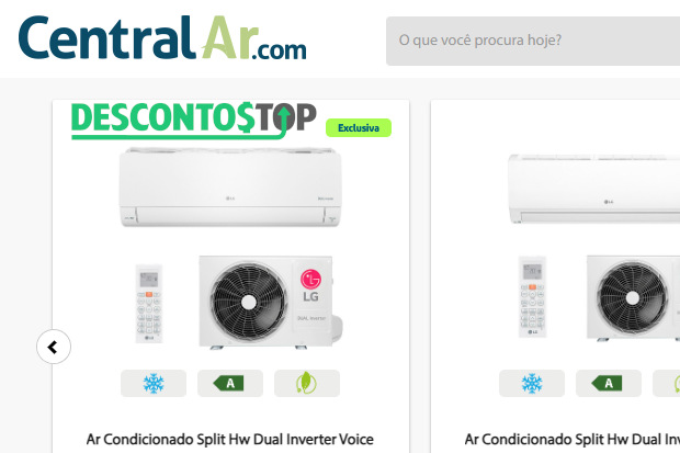 Captura de tela do site Central Ar. Nessa imagens mostra a logo da loja e dois modelos de aparelhos de ar condicionado