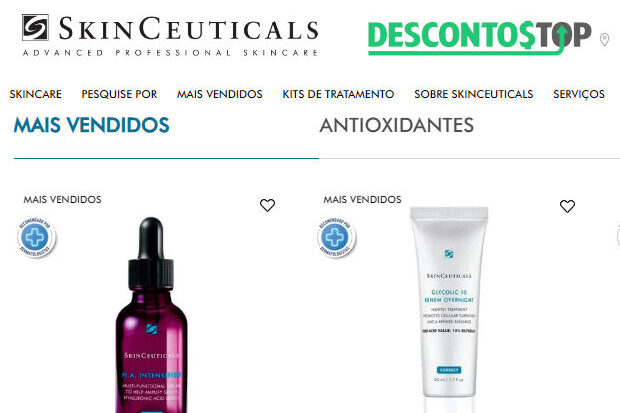 Captura de tela do site SkinCeuticals. Foi mantido o cabeçalho com a logo, e foi inserido um pedaço da altura média da página, mostrando dois produtos da categoria 