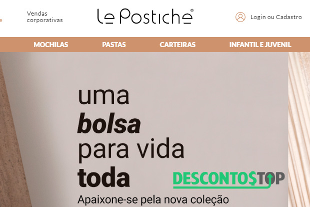 Captura de tela do site Le Postiche. A captura se trata do topo do site, centralizado, mostrando o logo e o copy do banner inicial: !uma bolsa para a vida toda