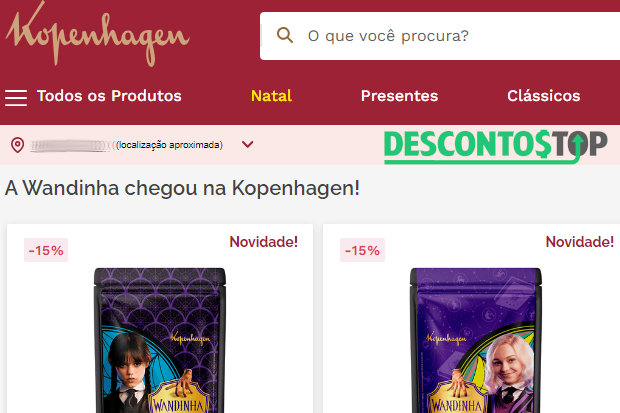 Captura de tela da página inical do site da Kopenhagen, mostrando alguns produtos promocionais da série Wandinha