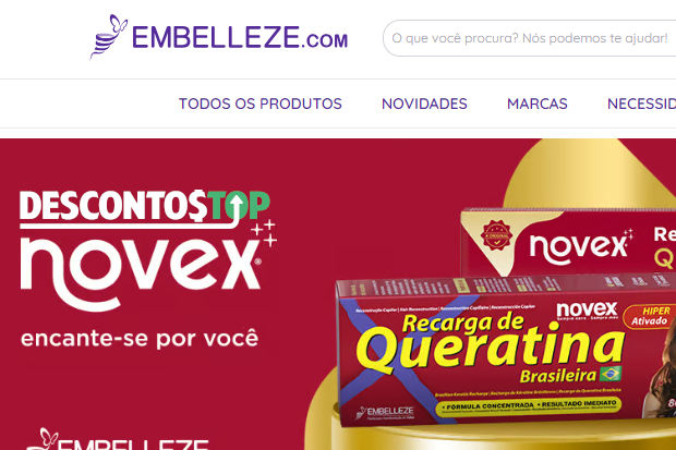 Captura de tela do site da Embelleze, dando destaque a um trecho de um dos banners iniciais do site e o logo do mesmo.