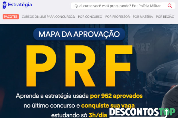 Captura de tela da página inicial do Estratégia Concursos, mostrando o banner inicial, relacionado ao concurso da PRF
