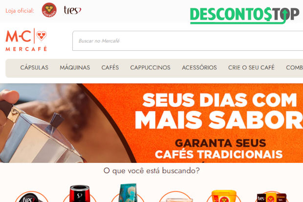 Captura de tela da página inicial do site Mercafé, mostrando parcialmente o banner inicial e algumas categorias.