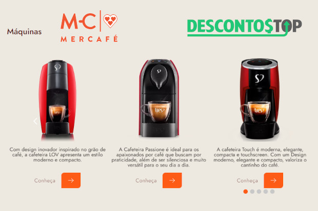 Captura de tela da página inicial do site Mercafé, mostrando 3 das 5 máquinas em destaque na altura média da página.