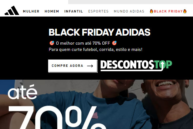 Captura de tela da página inicial do site Adidas