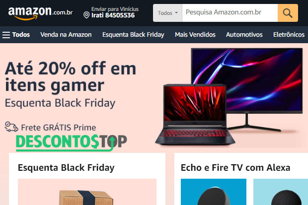 Captura de tela da página inicial do site Amazon, com seus banners de  pré black friday