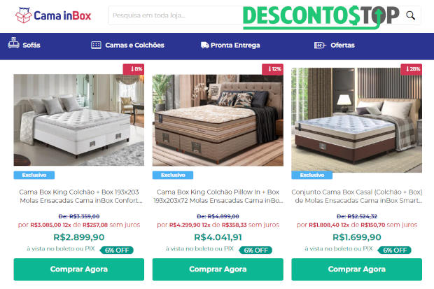 Captura de tela da página inicial do site Cama inBox, mostrando o cabeçalho com a logo da loja e uns produtos