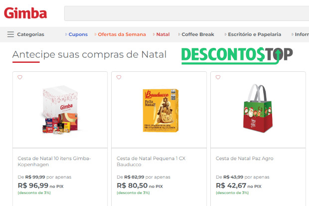 Captura de tela do site Gimba, com destaque para os produtos de natal