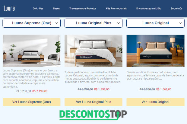 Captura de tela do site Luuna, com destaque para o cabeçalho com a logo e em alguns dos modelos de colchões do site.
