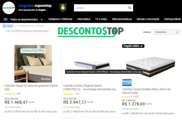 Captura de tela da página da parceria Descontos Top + Magalu (cuponstop), na página de pesquisa por colchões.