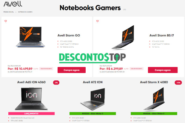 Captura de tela do site da Avell, com demonstração dos produtos da aba Gamer