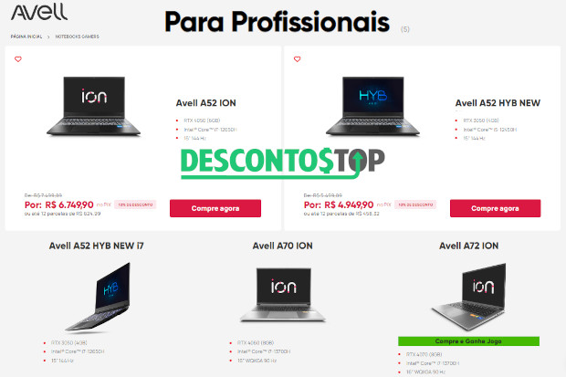 Captura de tela do site da Avel, mostrando alguns produtos da aba profissional