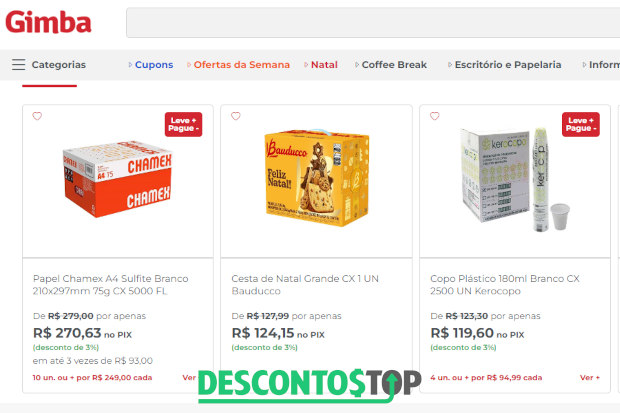Captura de tela do site Gimba mostrando a lista de produtos mais vendidos.
