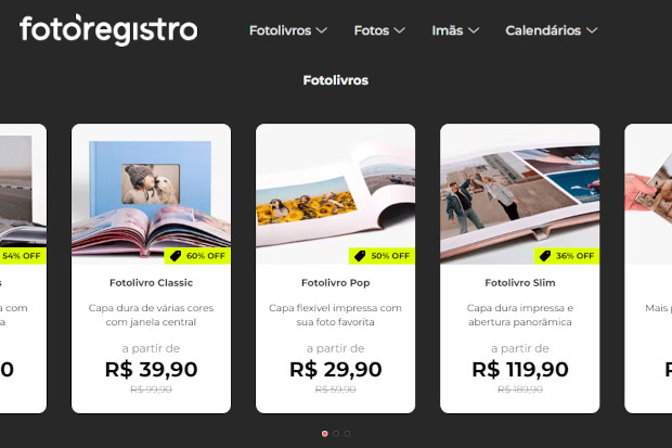 Captura de tela do site FotoRegistro, mostrando alguns dos produtos do site