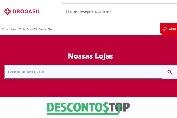 Captura de tela do site da Drogasil na página de pesquisa de farmácias perto de você