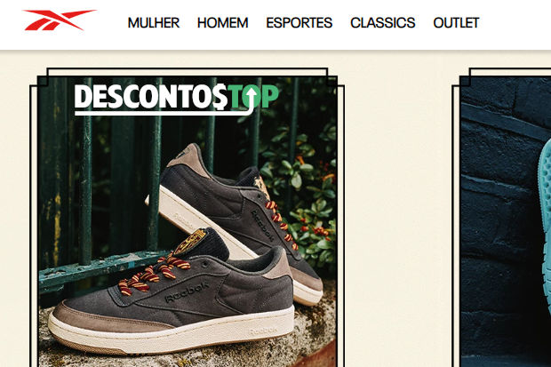 Captura de tela da página inicial do site da Reebok, mostrando alguns produtos do banner inicial.