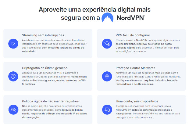 Captura de tela do site NordVPN com aslgumas imformações sobre as vantagens de assinar o serviço