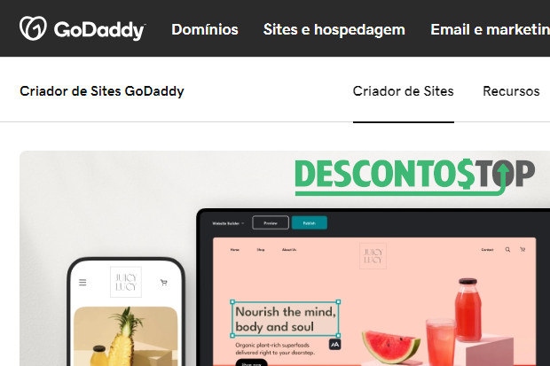Captura de tela do site Godaddy com destaque para o banner inicial