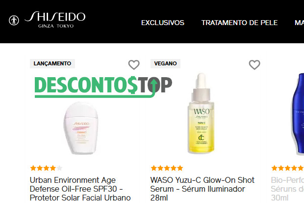 Captura de tela do site Shiseido mostrando alguns produtos