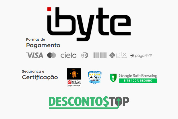 Recortes de captura de tela do site ibyte, mostrando os certificados do rodapé e as formas de pagamento